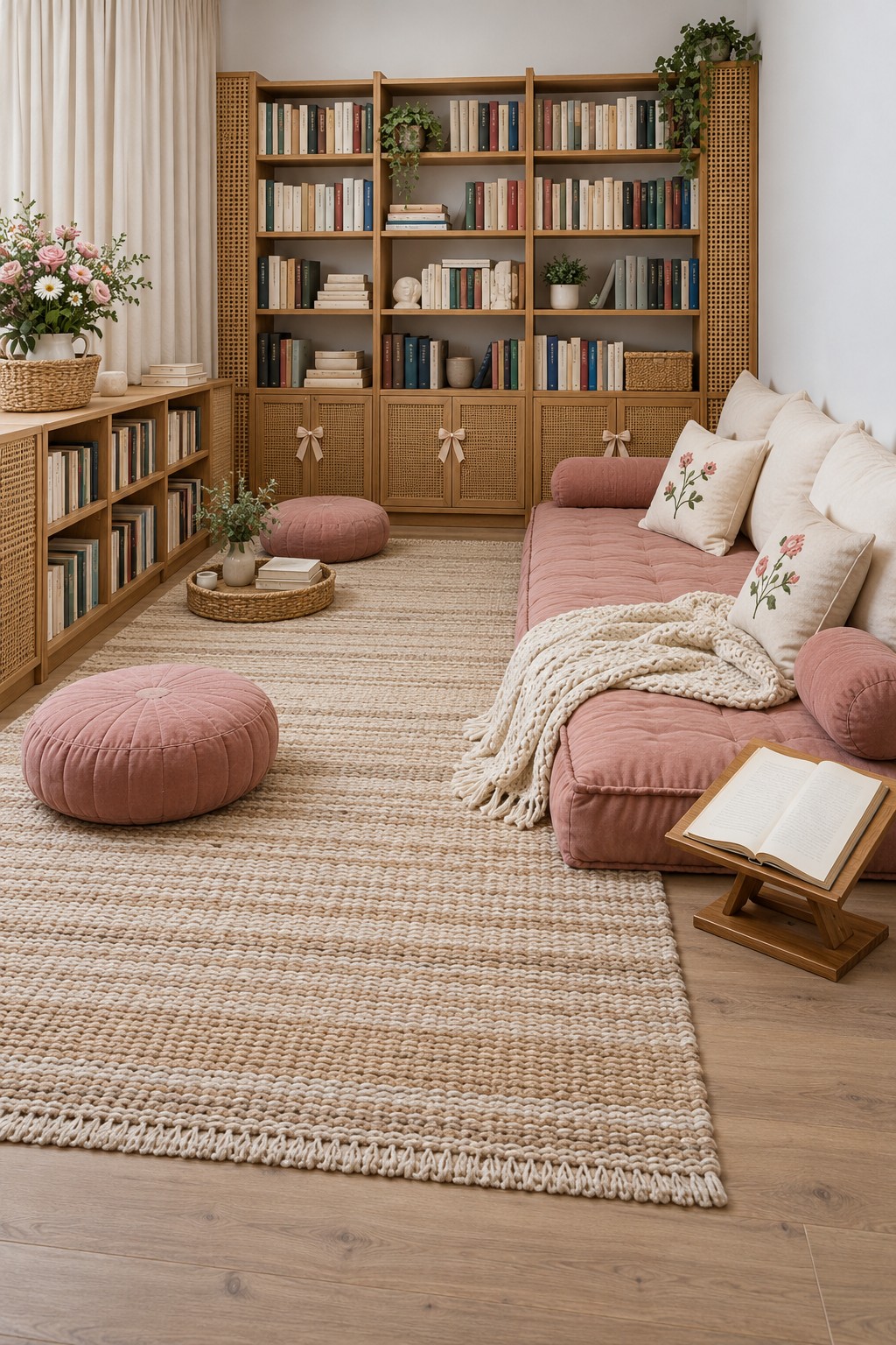 Natural wood library with woven rattan details, a rose floor sofa, pink round poufs and a pale woven rug
