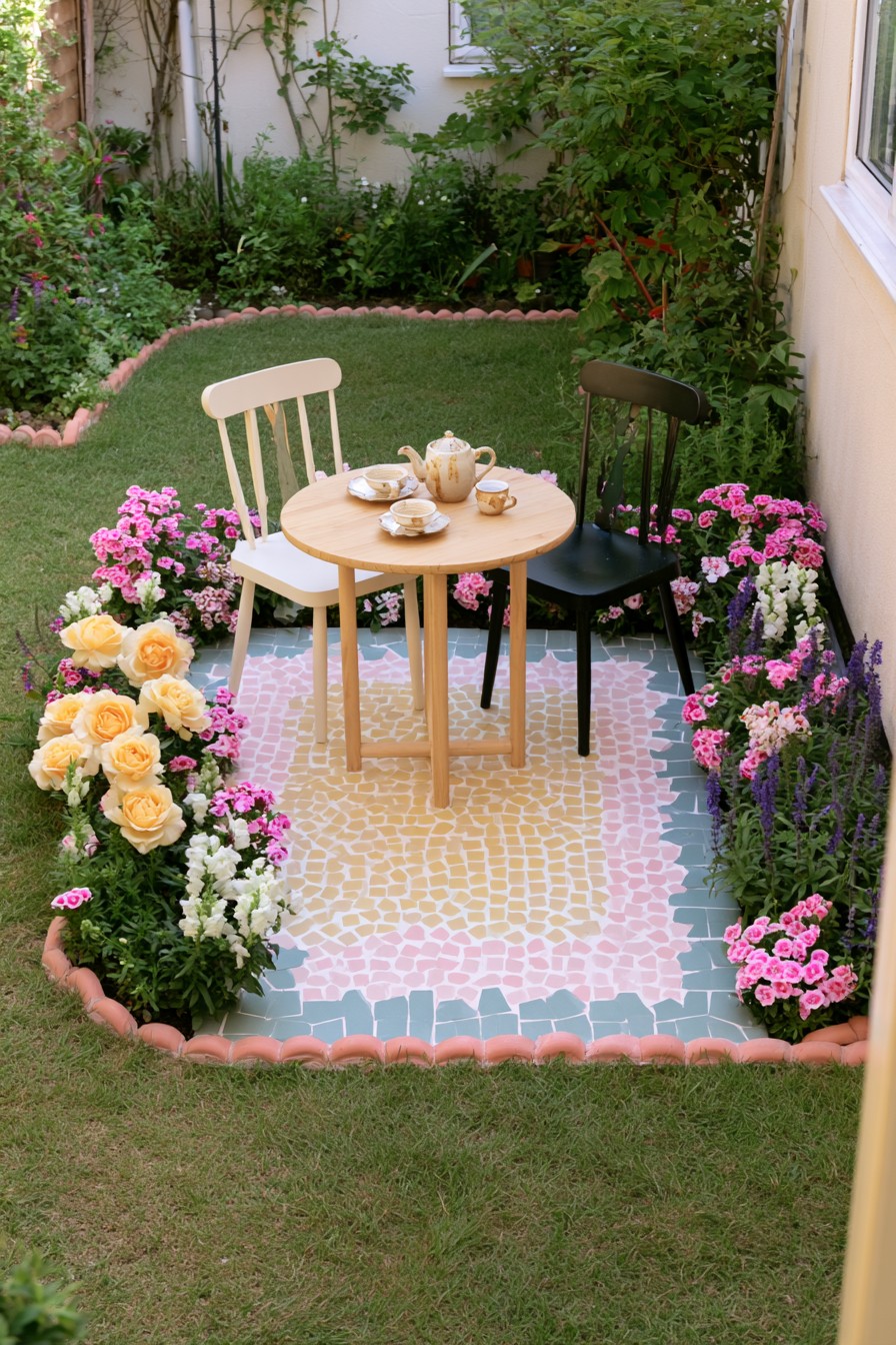 Round tea table and two contrasting chairs on a pastel mosaic-style terrace