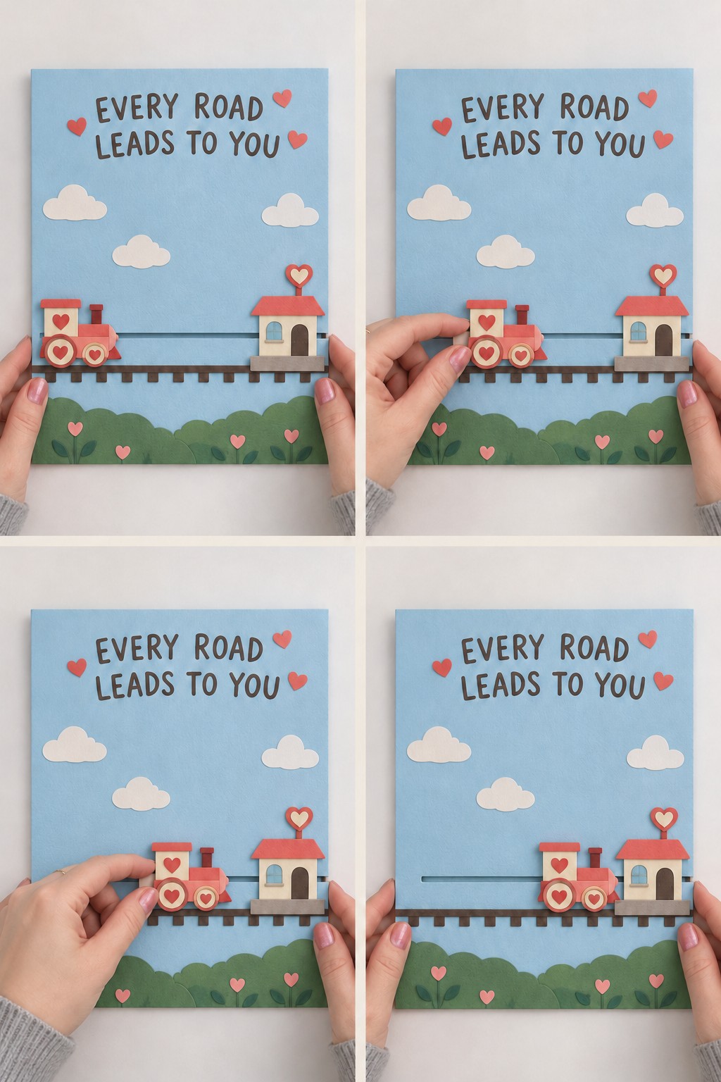 Four views of a red paper train sliding along a track toward a house on an Every Road Leads to You poster