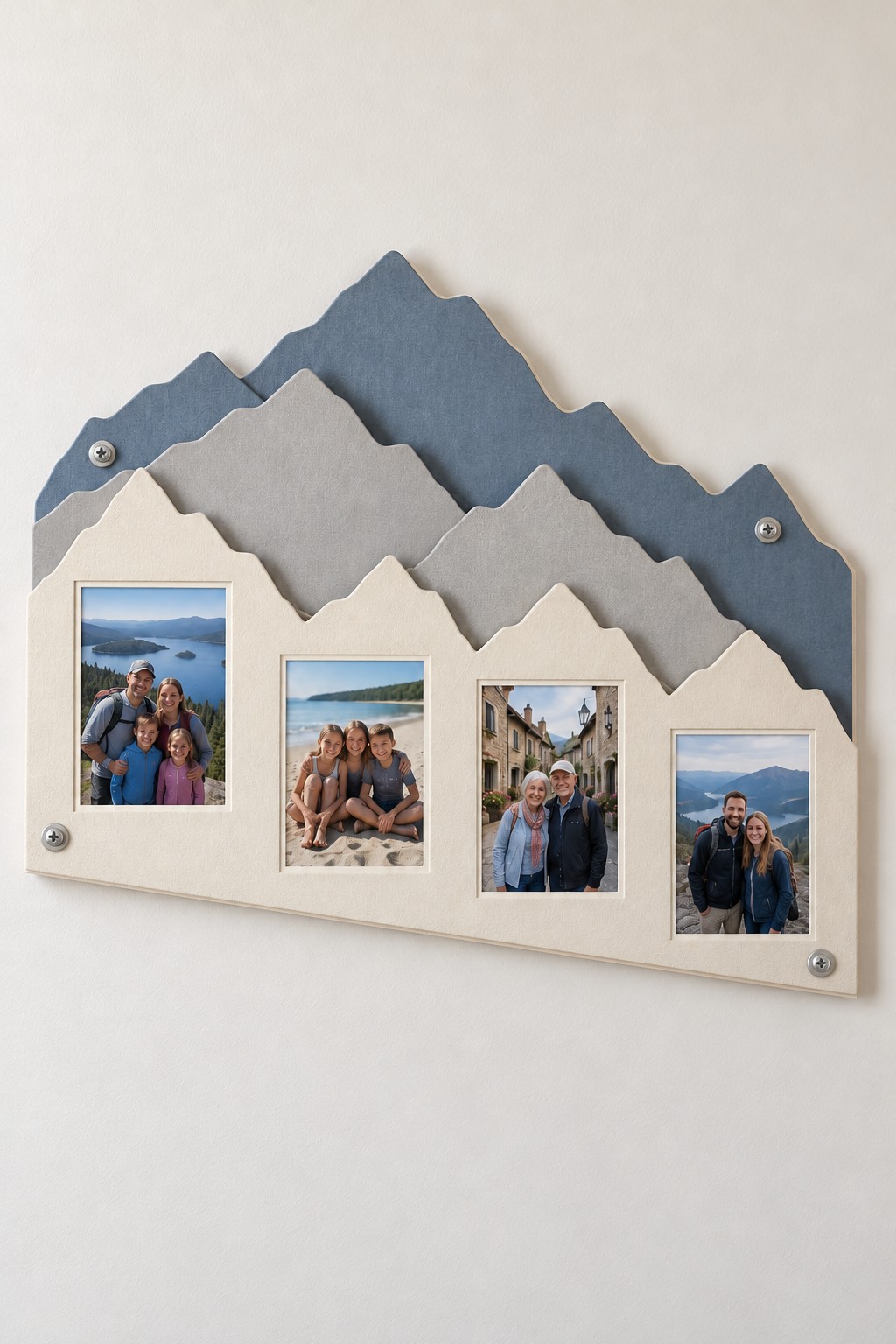Layered blue gray and cream mountain silhouettes holding four small travel photographs