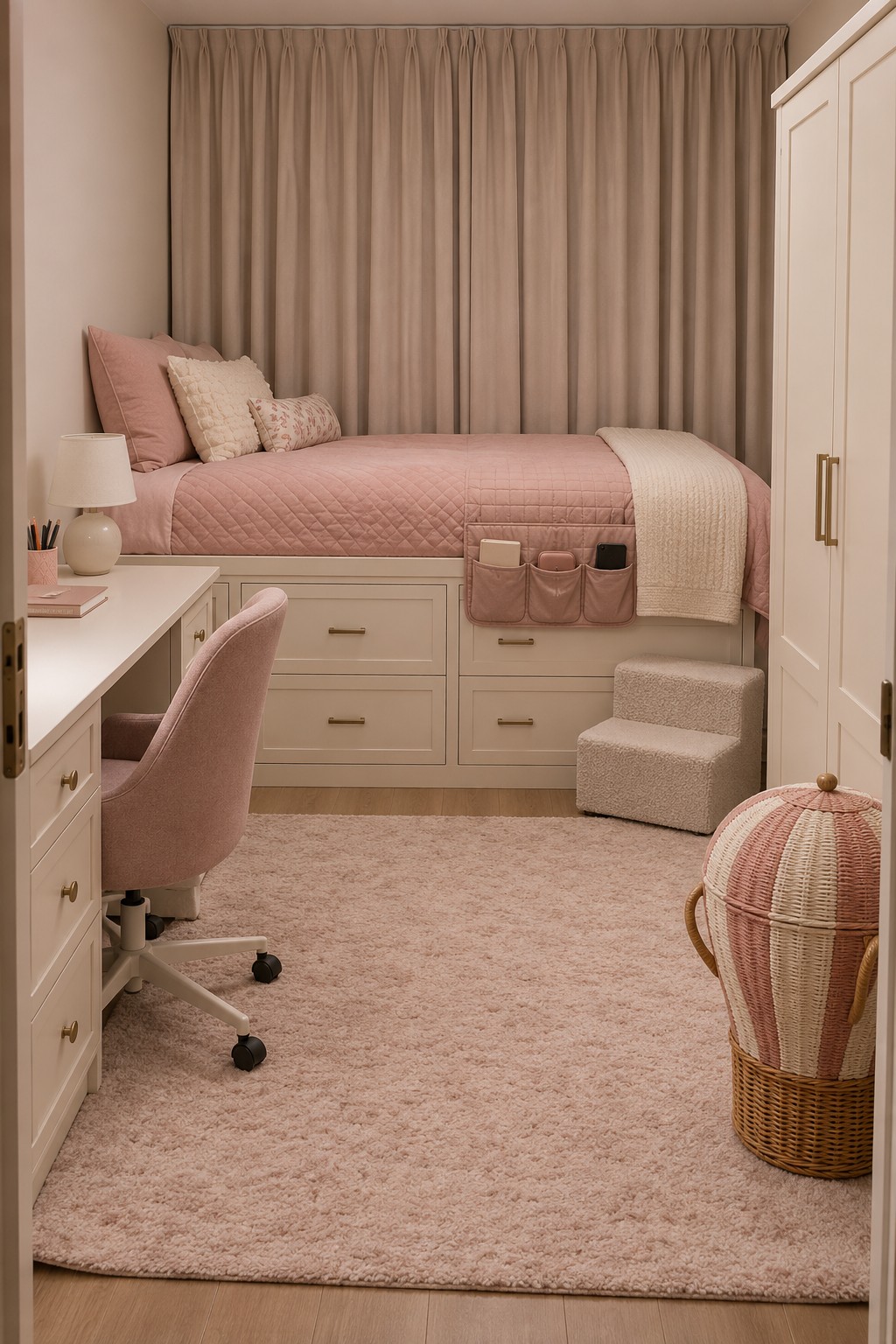 A raised blush bed above cream drawers with a fabric bedside caddy, access steps, and a balloon shaped basket