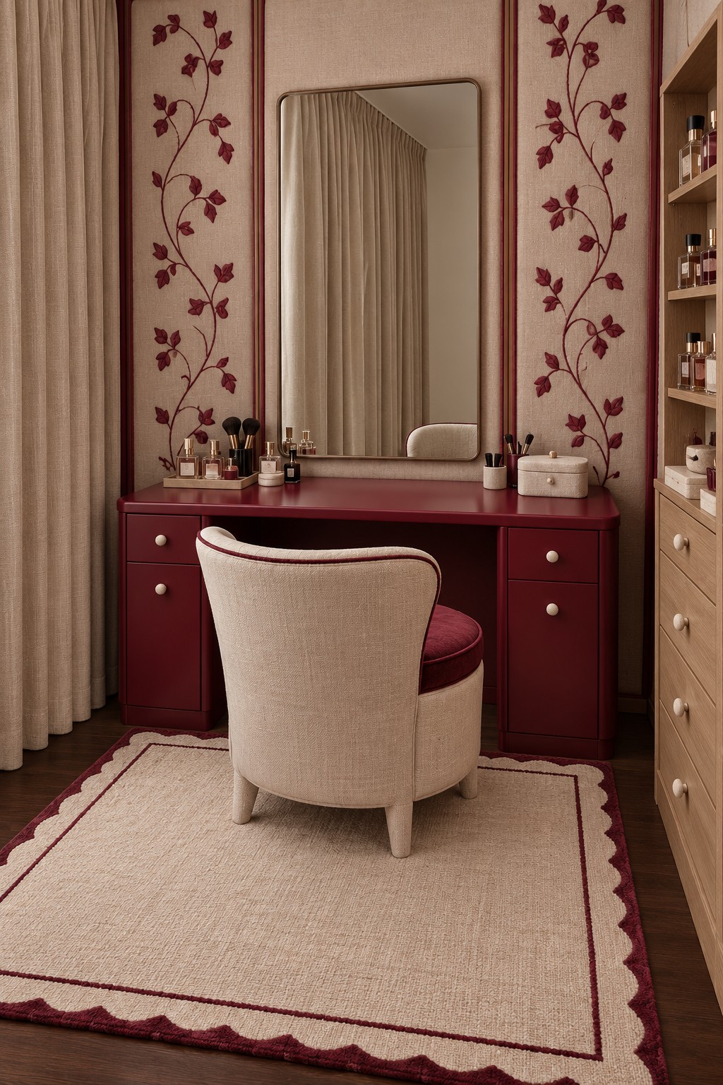 Cranberry dressing table between narrow floral panels, with a cream chair and burgundy bordered scalloped rug