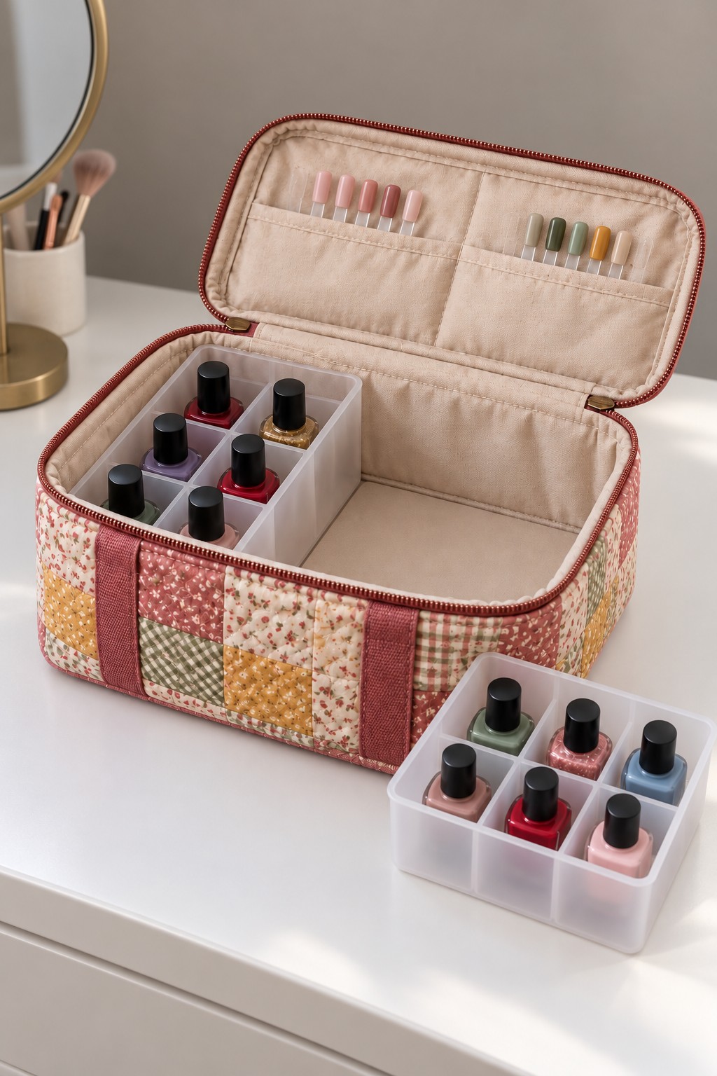 Open fabric patchwork cosmetic case with lid swatch pockets and removable six compartment bottle trays