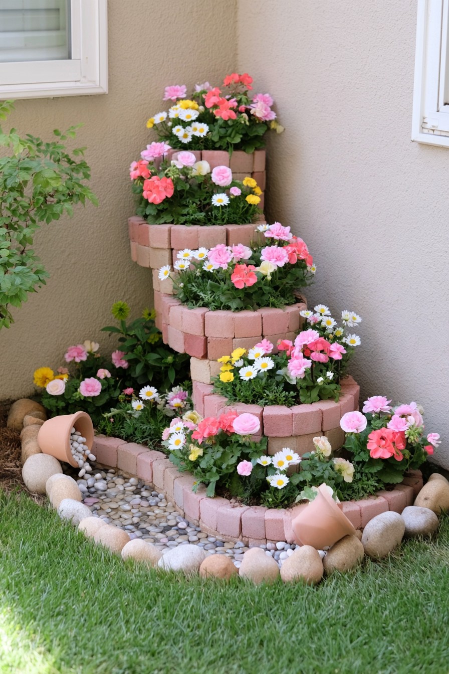 Spiral masonry planter with flower pockets at several levels beside a house corner