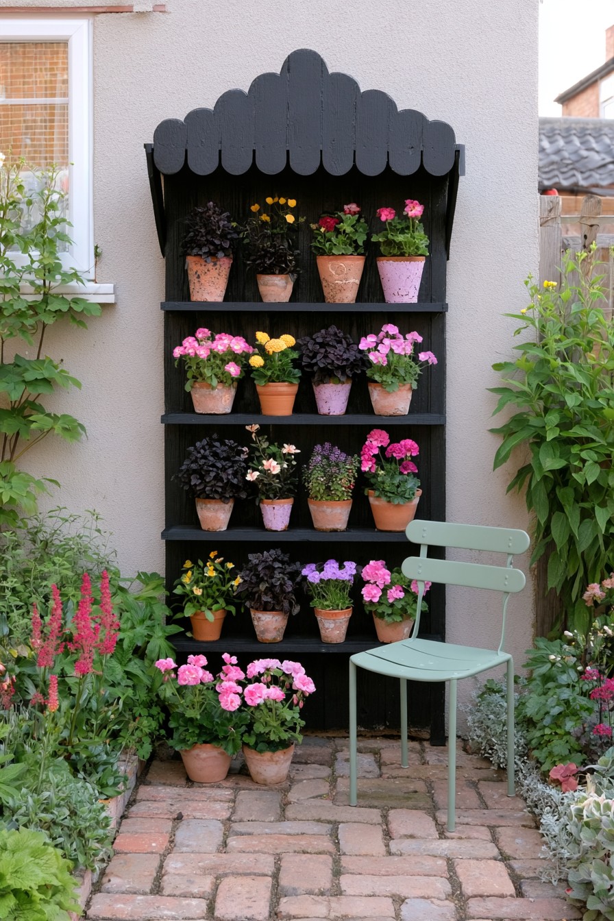 Victorian plant theatre displaying potted plants in a Gothic garden