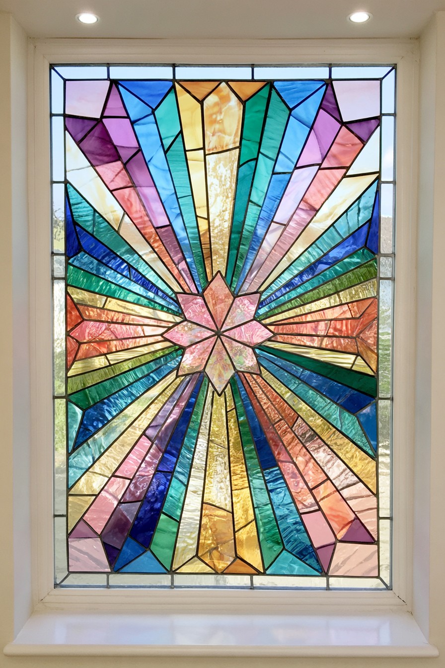 Central pink star with long angular rays in turquoise, cobalt, green, amber, and violet