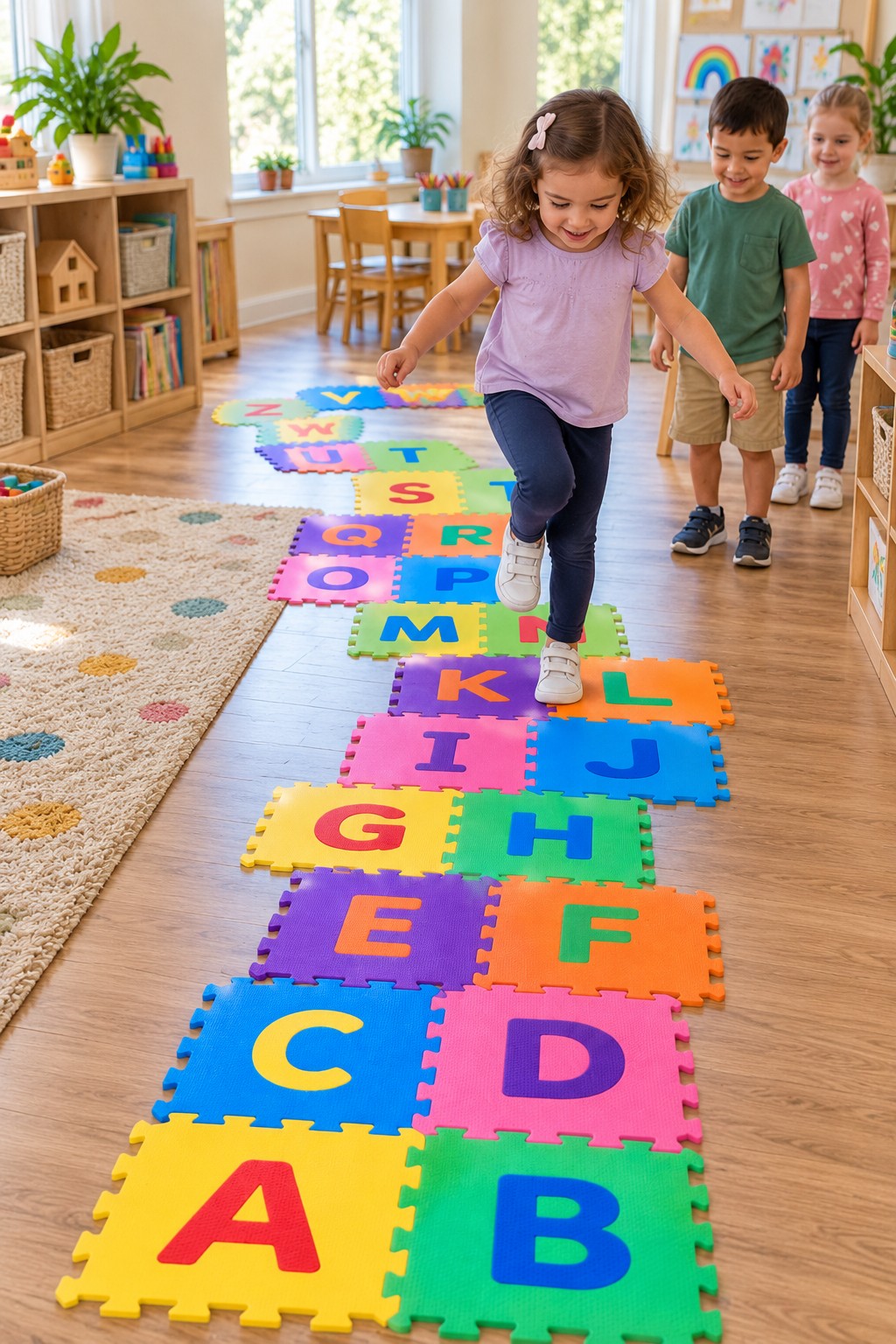 Child stepping across connected alphabet floor mats