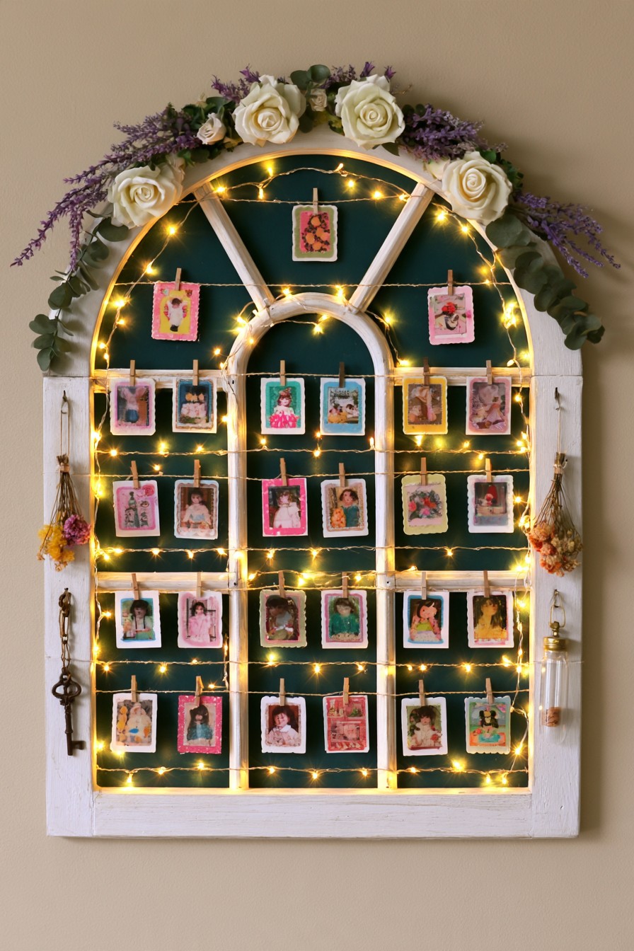Arched old window turned into a family photo and postcard display