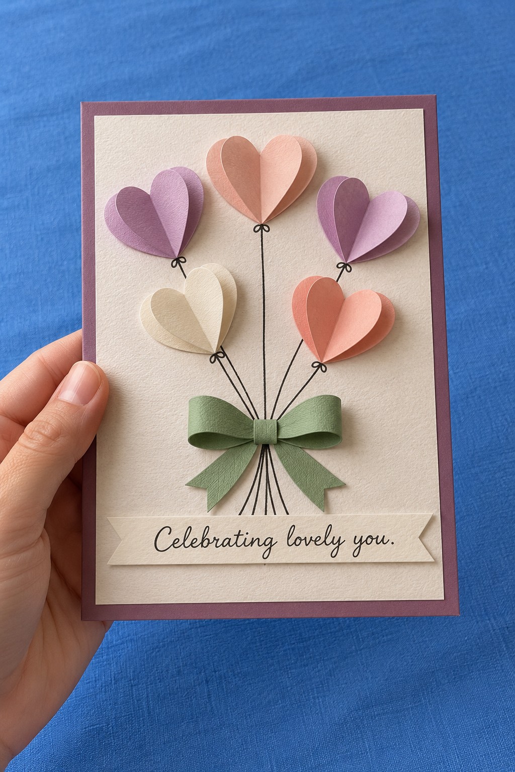 Burgundy bordered card with five pastel heart balloons, fine strings, and a green bow