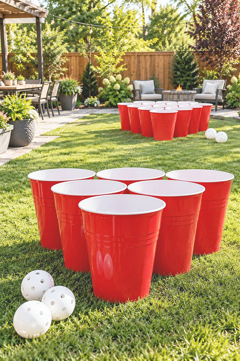 Two triangular groups of large red cup targets with white perforated balls on grass