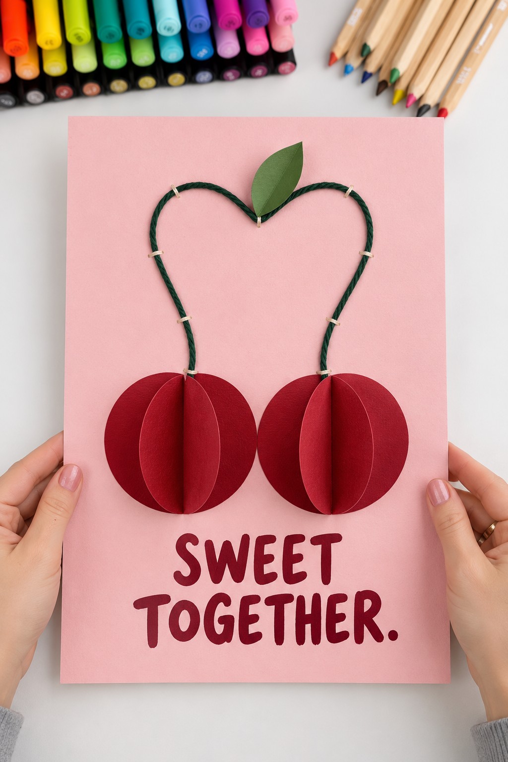 Pink Sweet Together poster with two dimensional red paper cherries and green stems forming a heart