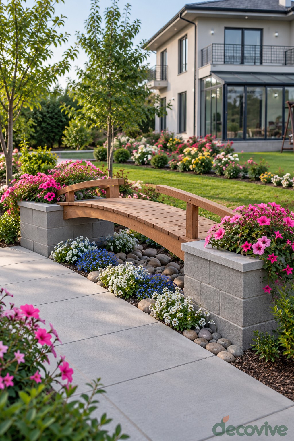 Curved wooden garden bench between concrete planters above decorative stones