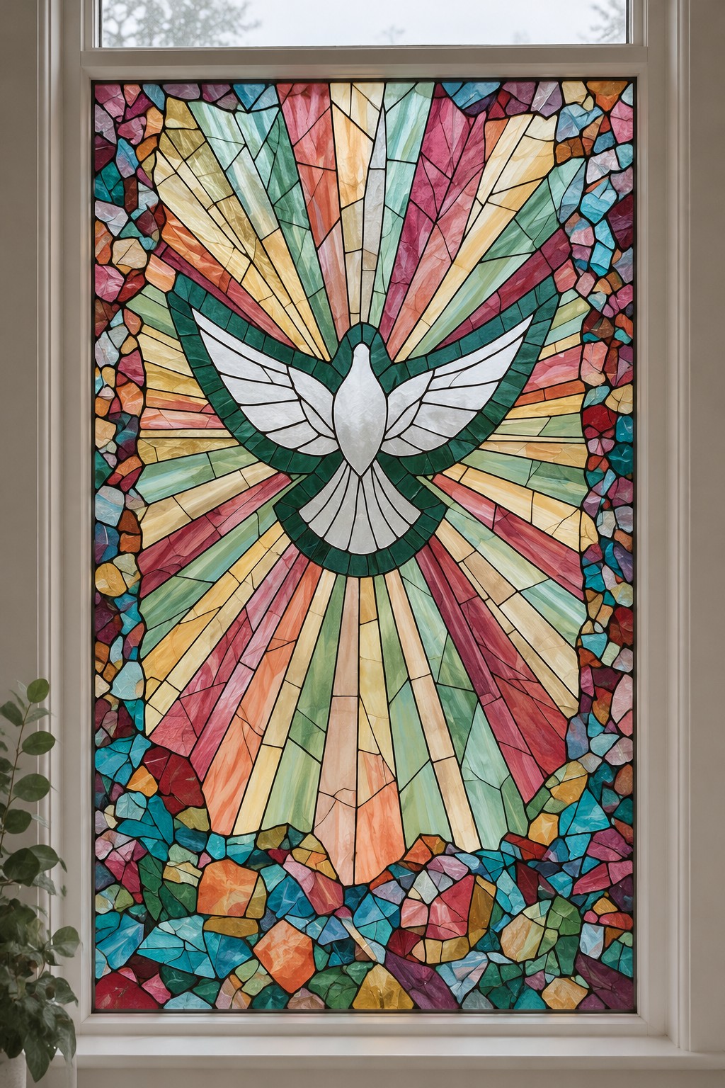 White dove with outstretched wings against green outlines, pastel rays, and a colorful mosaic perimeter