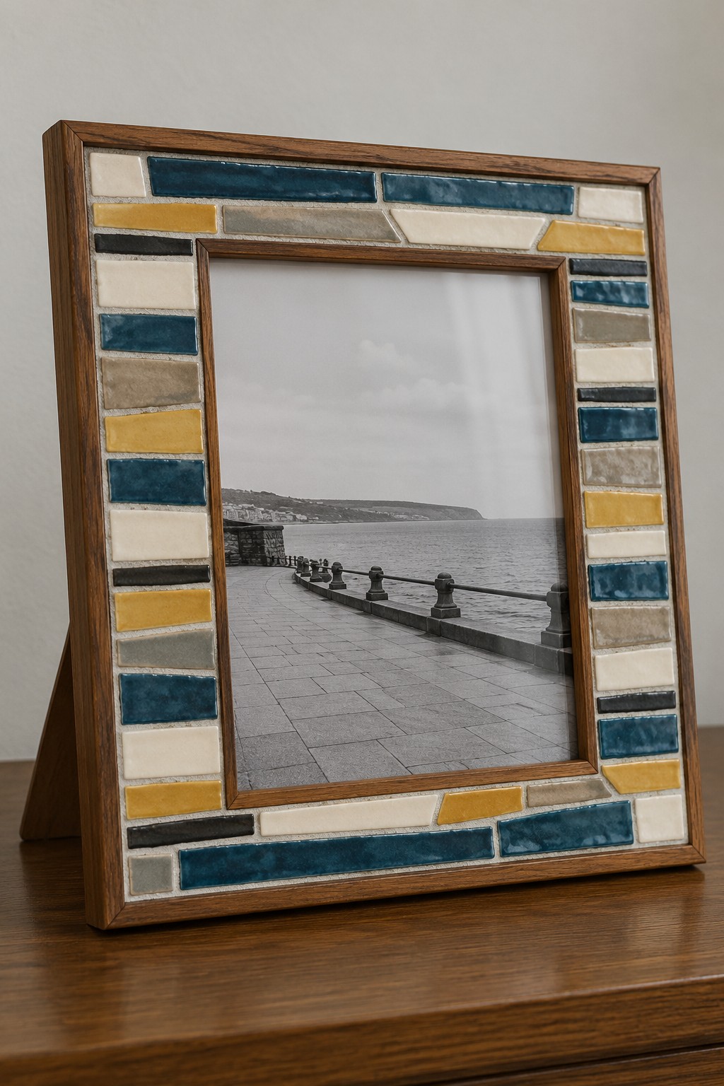 Wood photo frame with narrow blue, mustard, cream and gray mosaic strips