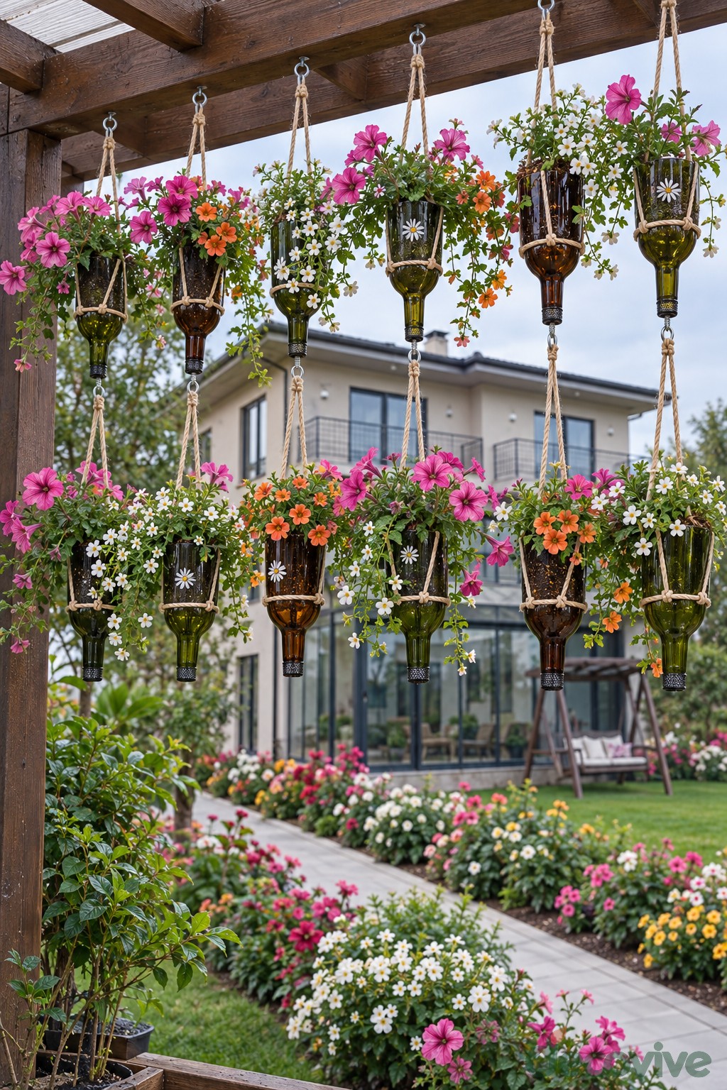 Rows of inverted bottle planters filled with pink and white flowers under a pergola
