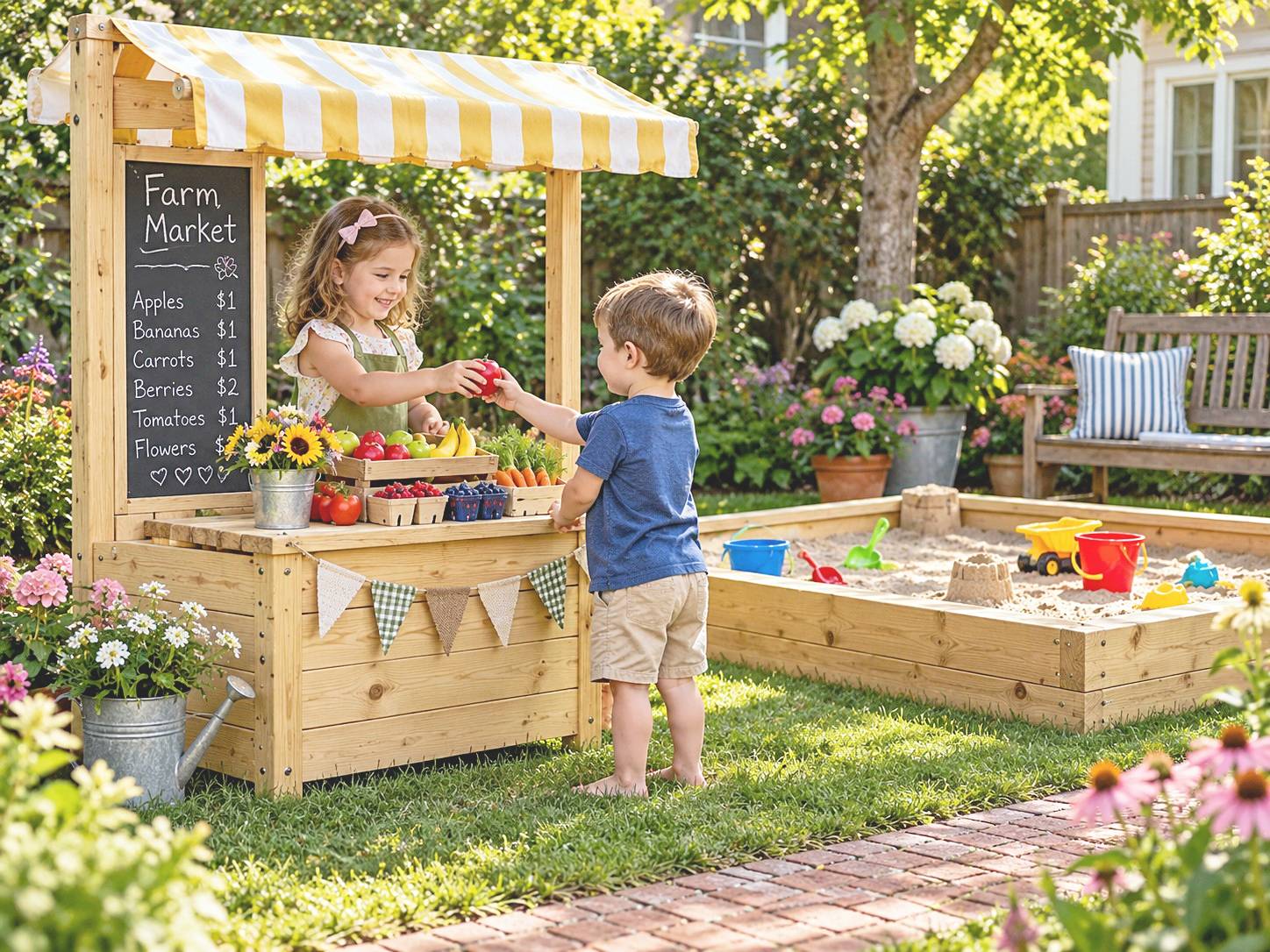 Children playing at a wooden market stall beside a sand play box