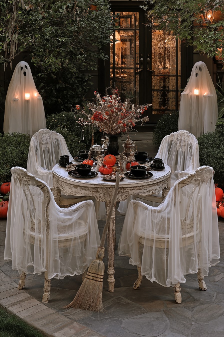 Round carved-style tea table with black cups, draped white chairs, and two ghost figures