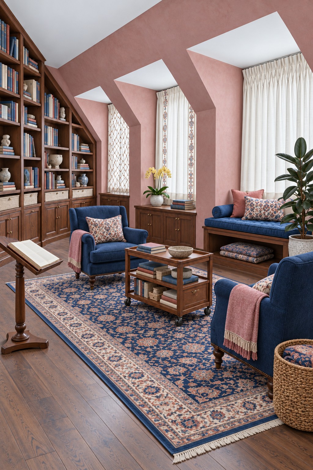 Two navy armchairs and a book stand in a rose colored attic library with fitted shelves and a window bench