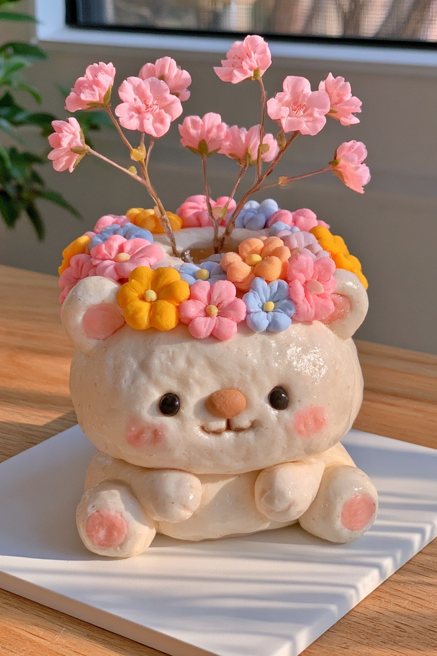 Cream bear shaped flower pot with a colorful sculpted floral rim and slender pink flowering stems