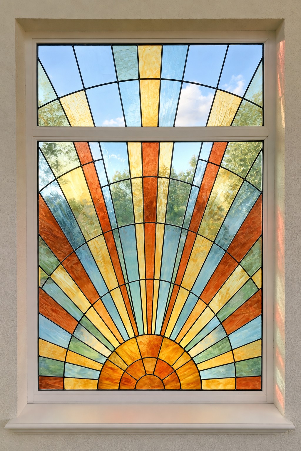 Amber semicircle at the base of a window with orange, yellow, and pale blue rays extending upward