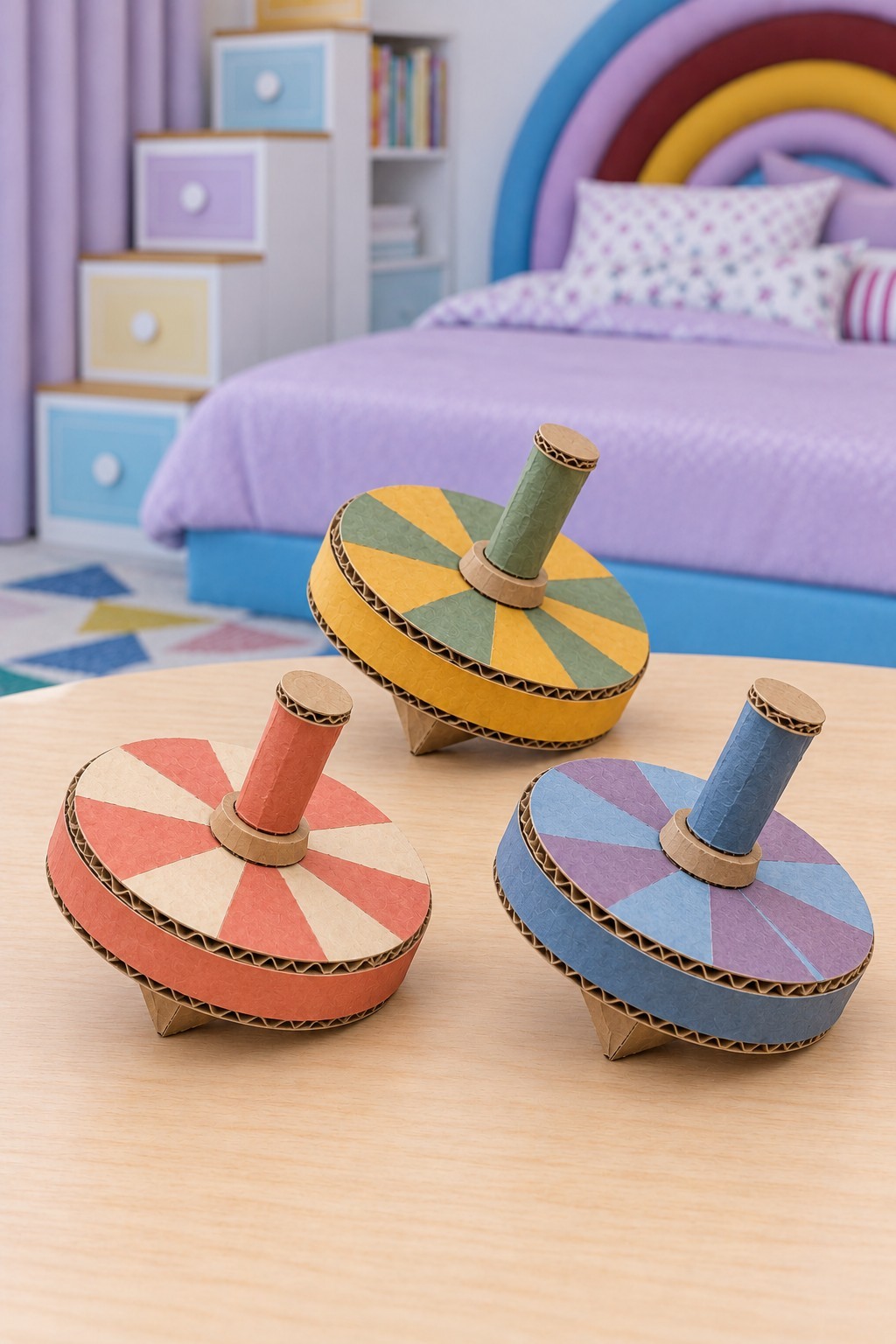 Three cardboard spinning tops with broad patterned discs, paper tube handles and short cone shaped tips