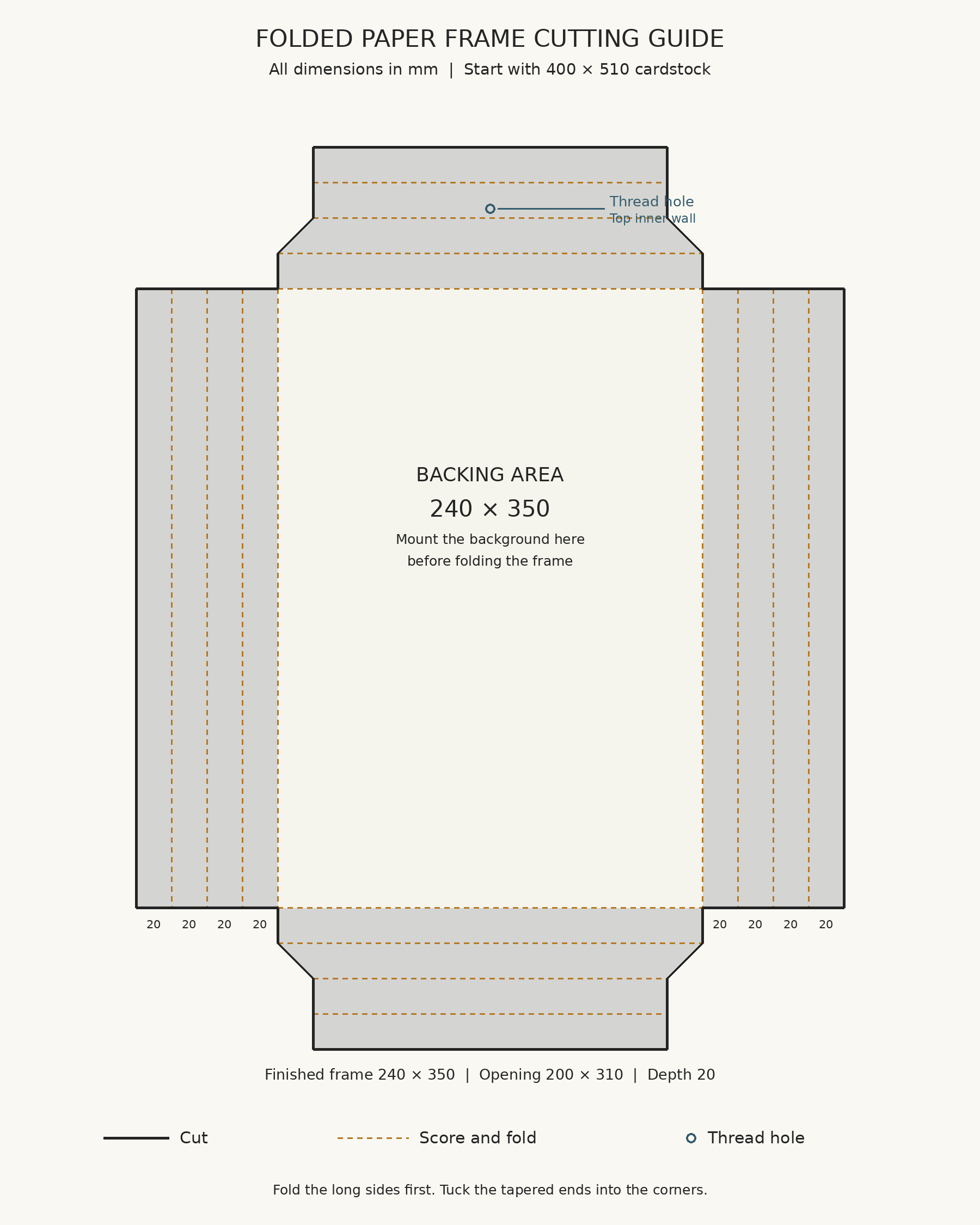 Measured cutting guide for a 400 by 510 mm paper sheet with a 240 by 350 mm central backing and four 20 mm folding bands