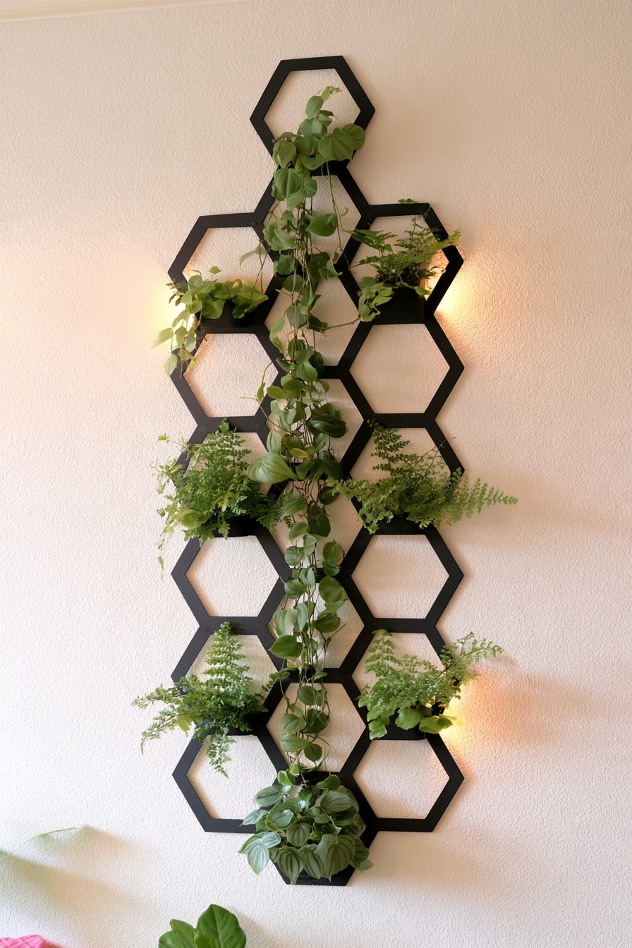 Black honeycomb wall frames with small planted pockets, fern shaped foliage, and a leafy central cascade