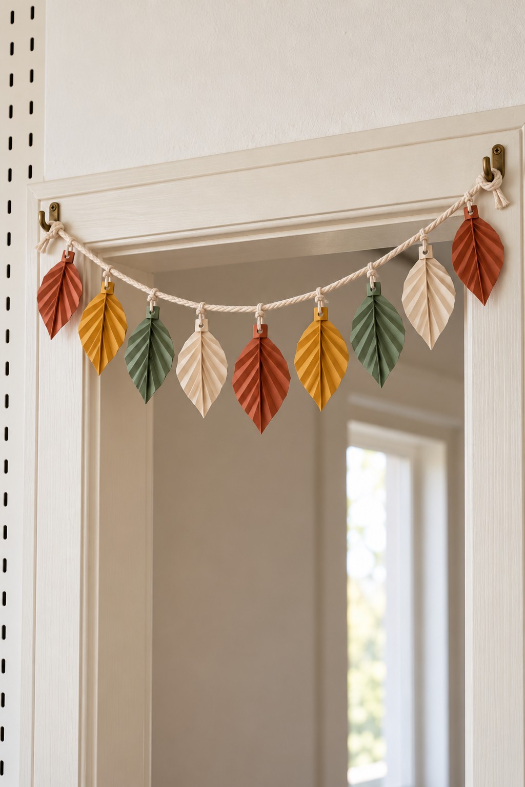 Rust mustard green and cream cord leaf garland hanging across a doorway