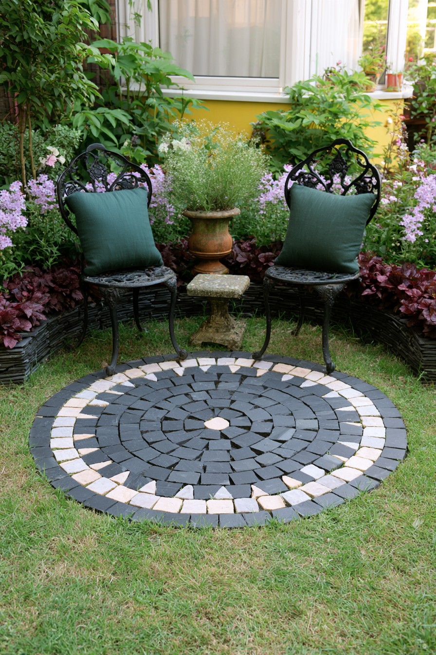 Circular dark and pale stone mosaic between two black iron garden chairs
