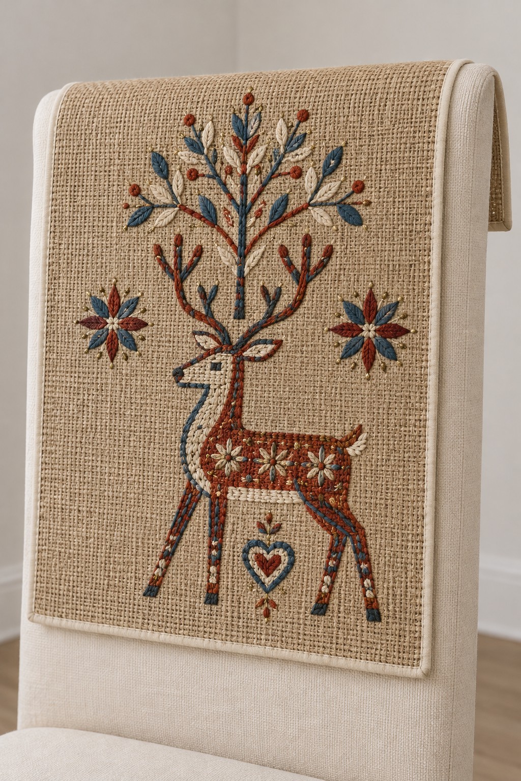 Natural woven chair cover embroidered with a deer, branching tree, flowers and a heart