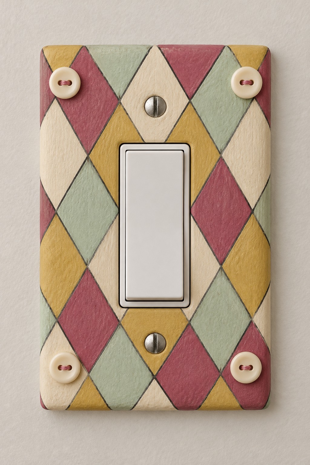 Pastel harlequin switch plate with cream buttons and an unobstructed white rocker switch