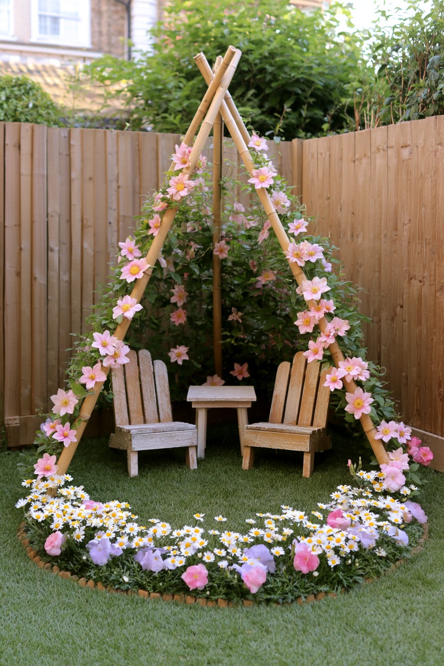 Bamboo teepee frame with pink flowers above two wooden chairs and a small table