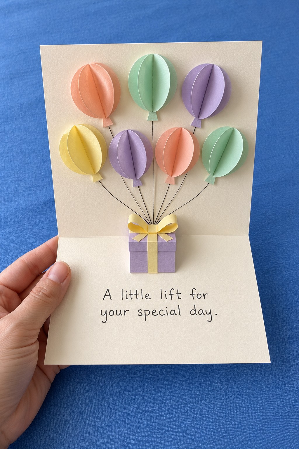 Cream birthday card with seven dimensional pastel balloons and drawn strings meeting at a small gift