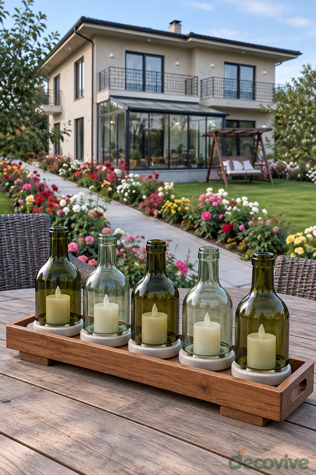 Wooden table tray holding five green bottle lantern covers over cream candles