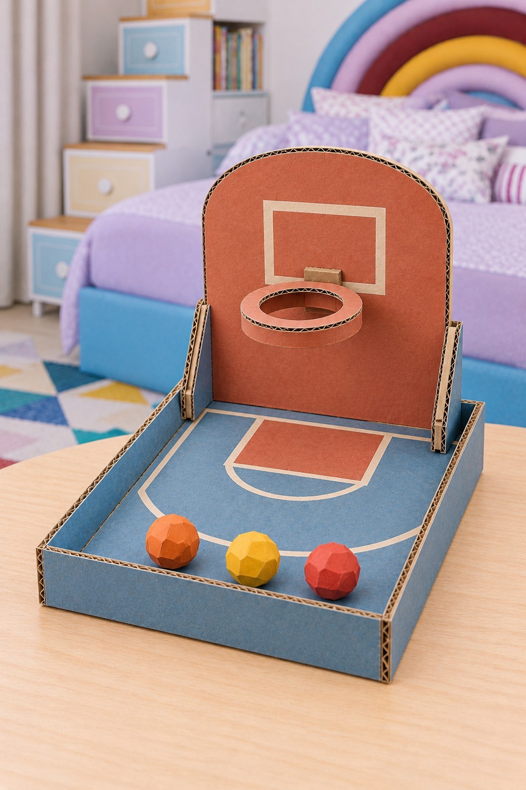 Blue and terracotta cardboard basketball court with a raised circular hoop and three paper balls