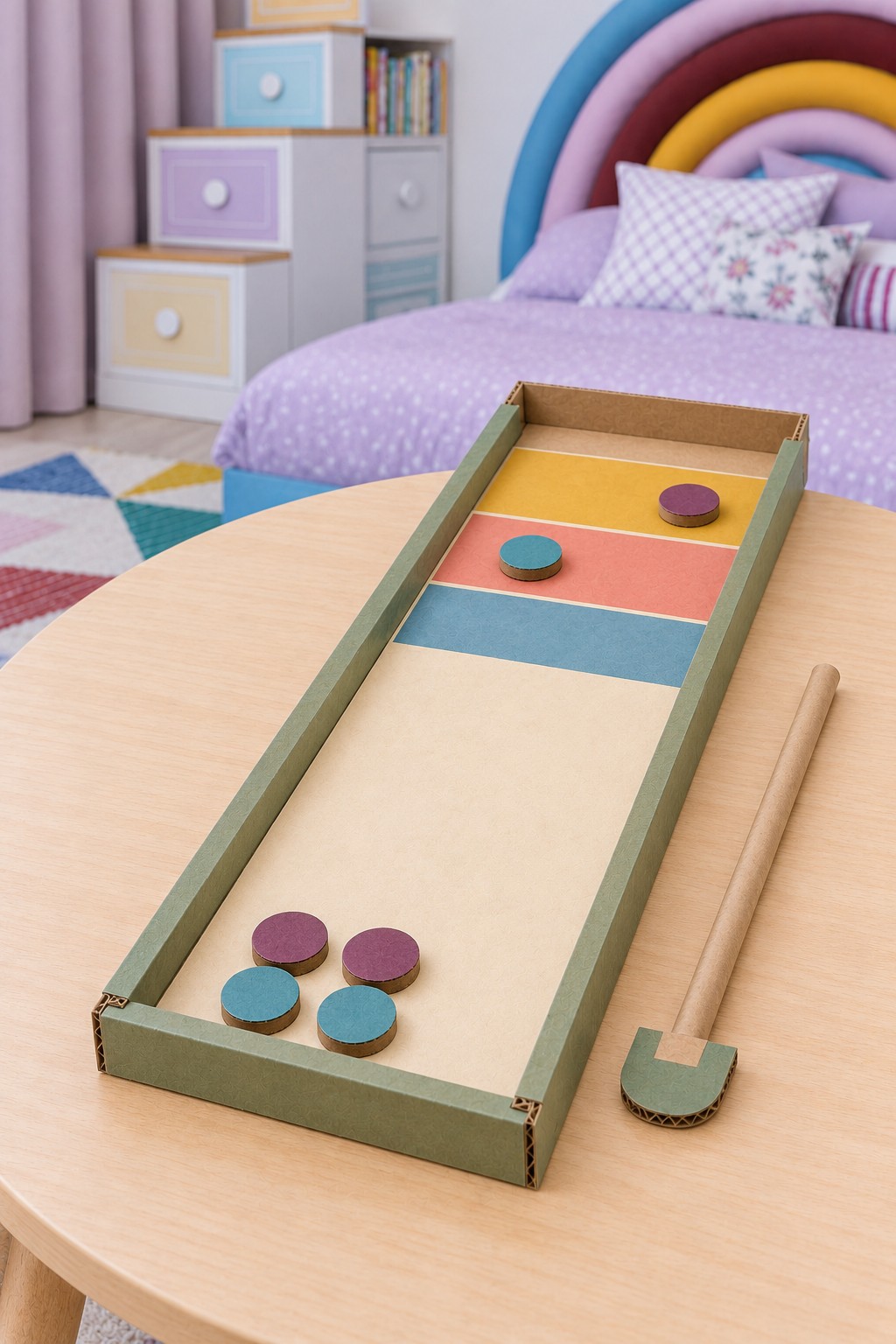 Long cardboard shuffleboard tray with green side rails, colored scoring bands, blue and purple discs and a paper tube pusher