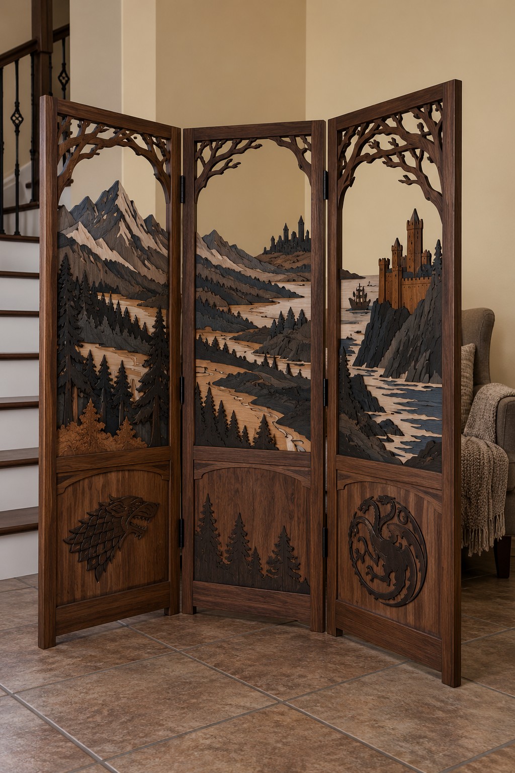 Three panel wooden folding screen with mountain, forest, and coastal castle scenes above wolf and dragon motifs