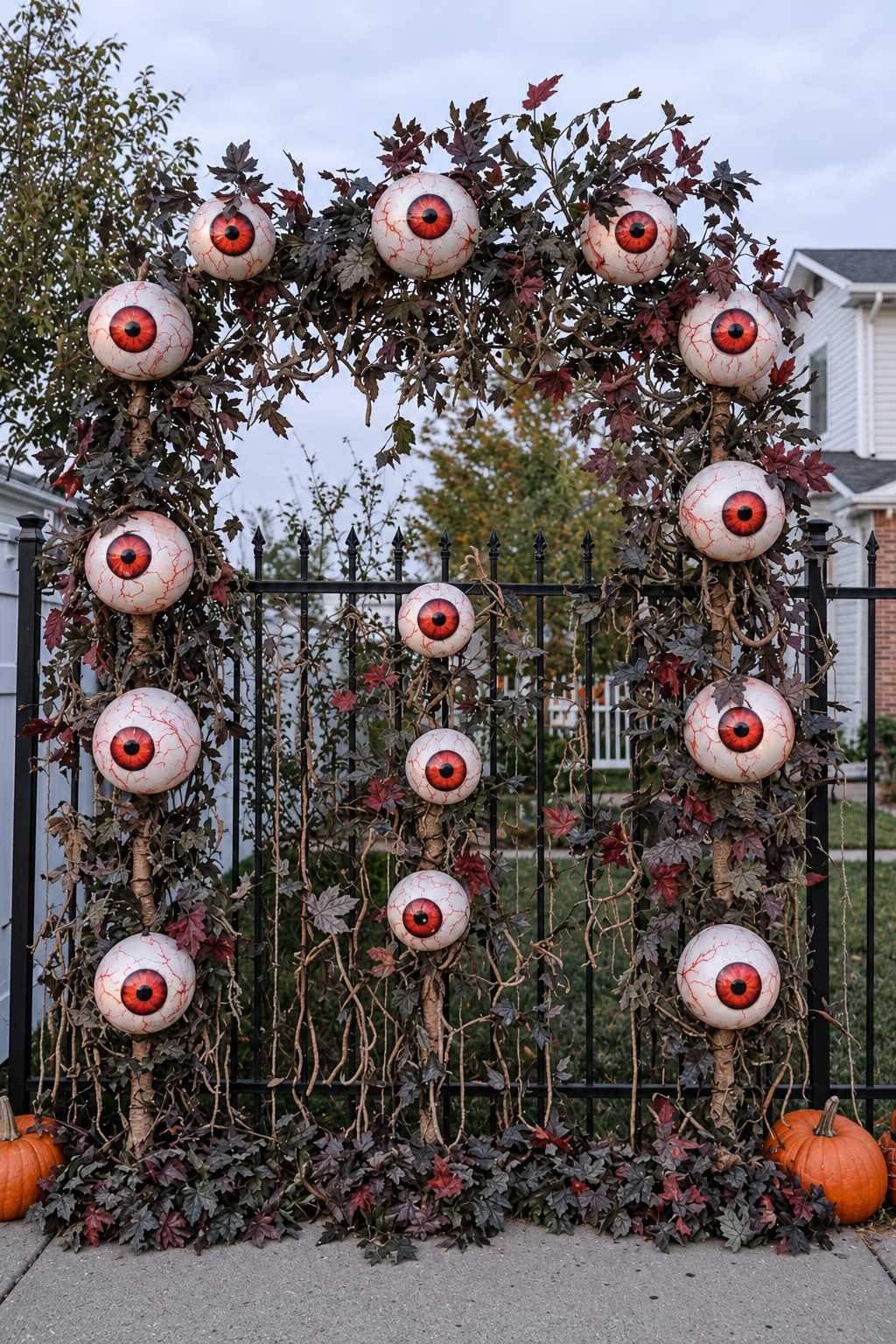 Vine and dark foliage arch around a metal fence section decorated with large red-irised eyeballs