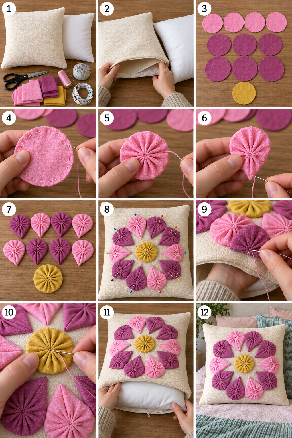 Twelve panel sequence showing a removable pillow cover personalized with gathered fabric petals and a yellow center