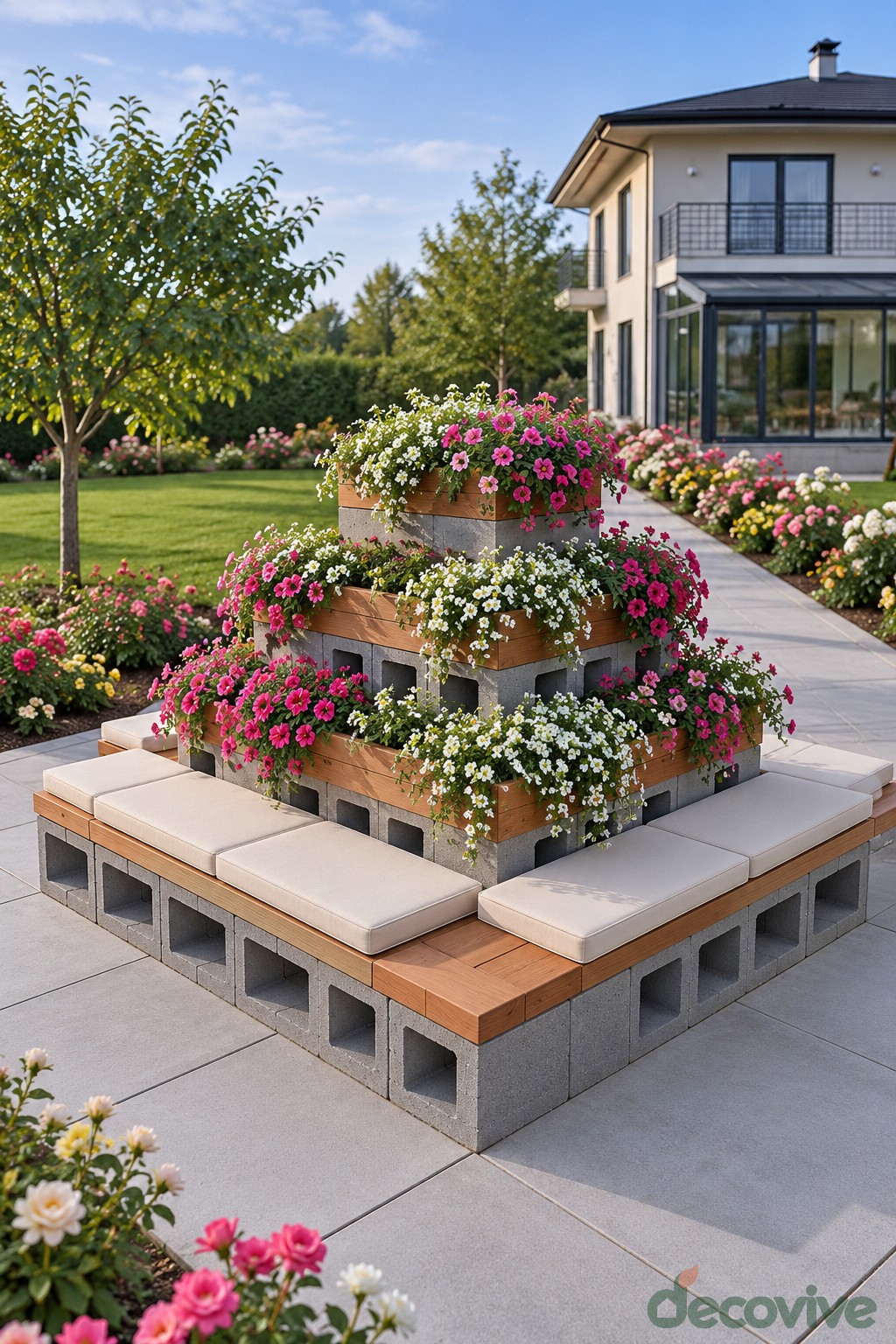 Square cushioned garden bench surrounding a tiered flower display