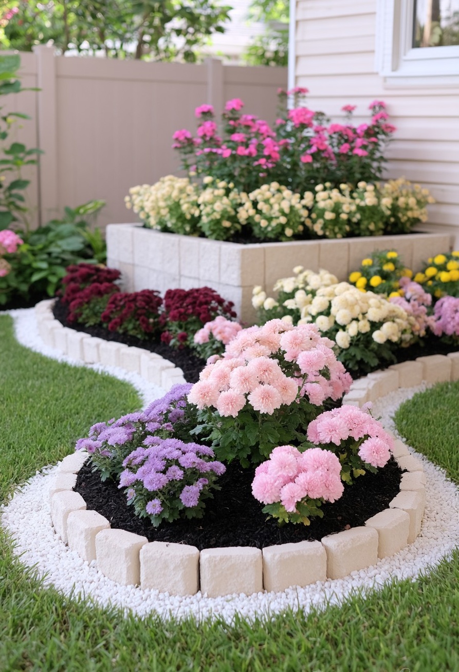 40. Rounded Flower Islands With A Geometric Raised Bed