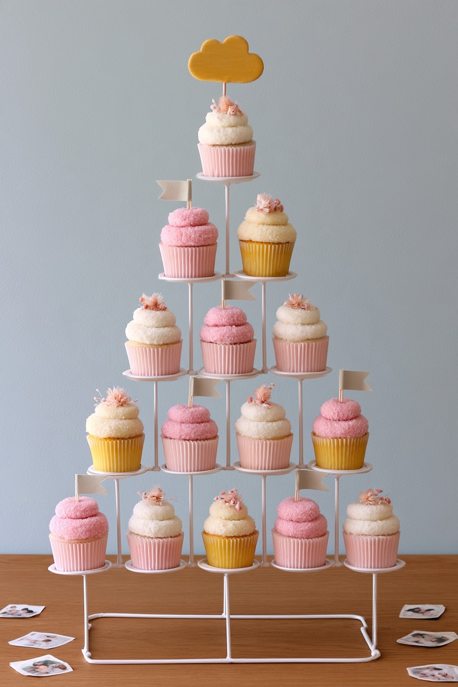 Romantic blush pyramid cupcake stand on a dessert table