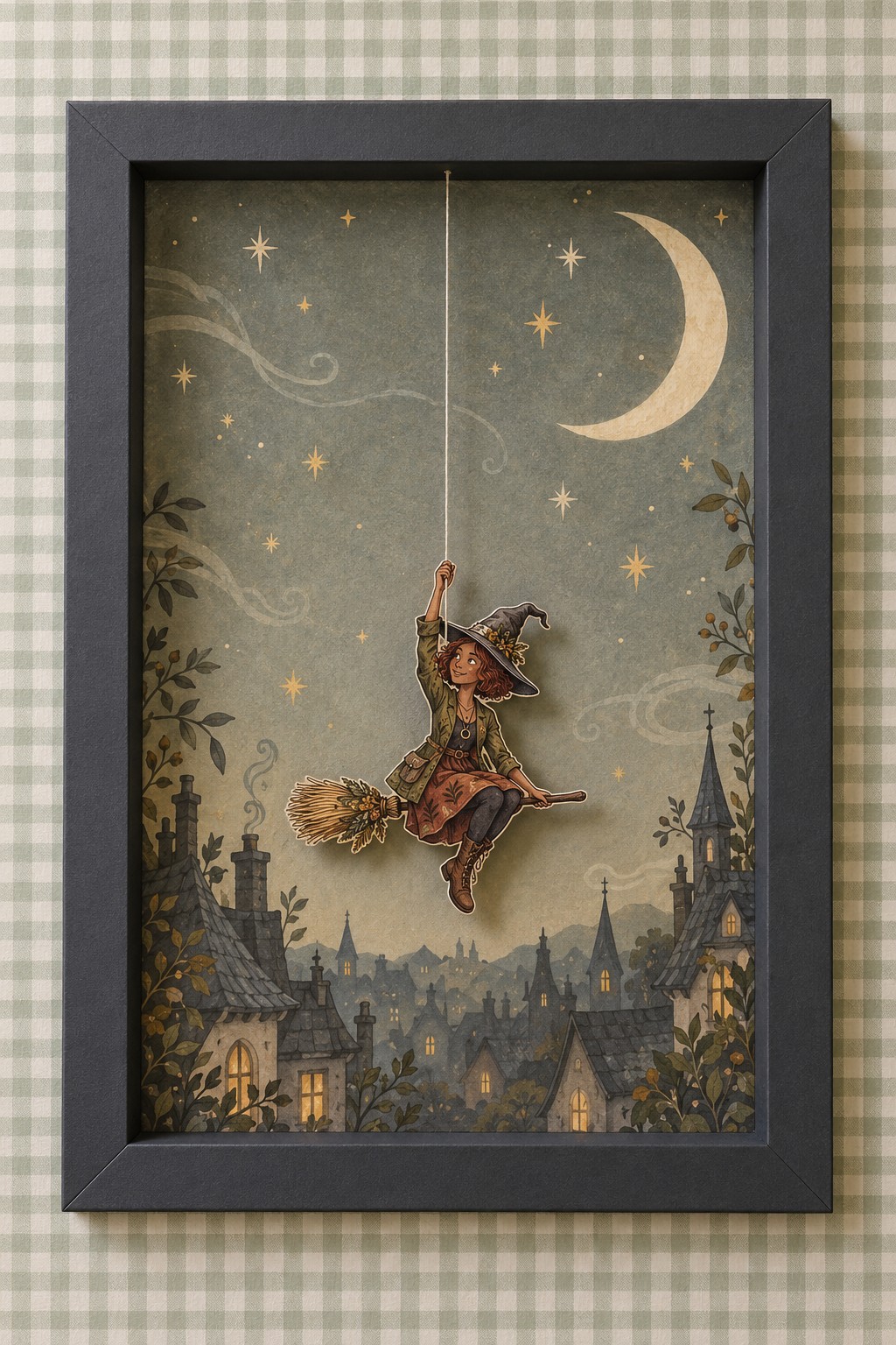 Charcoal folded frame with a witch on a broom suspended over a sage sky, gold crescent and storybook village