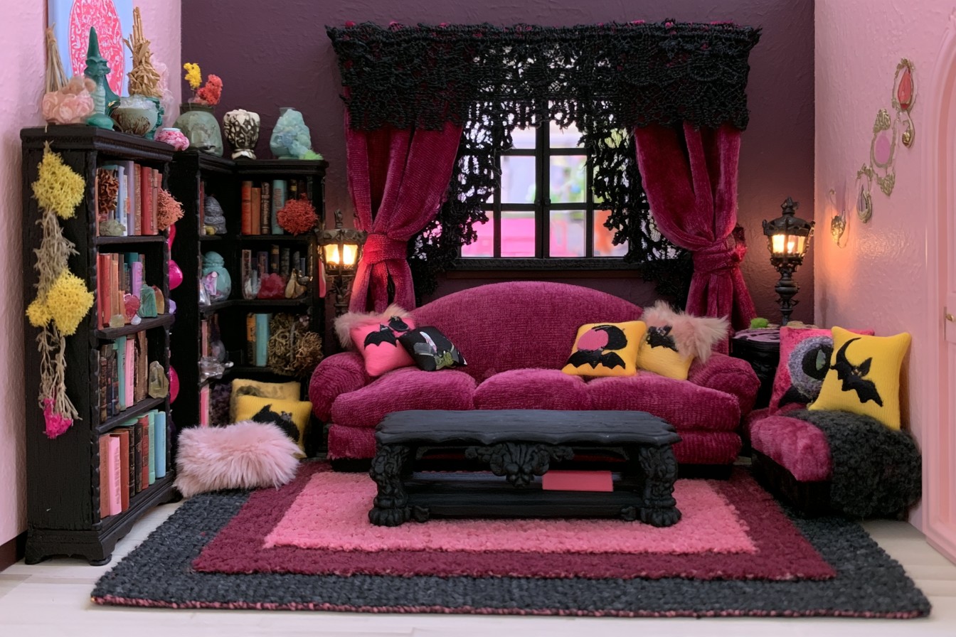Berry sofa and dark chair beside black bookcases, with red curtains, black lace, and layered pink and charcoal rugs