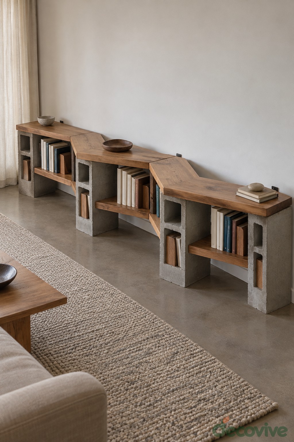 Low concrete block bookshelf with a gently curved wooden top along a wall
