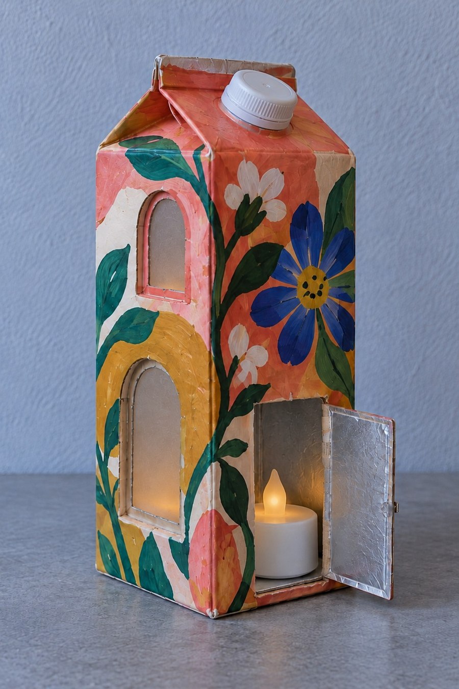 Colorful floral carton house with an open lower door and small candle shaped light