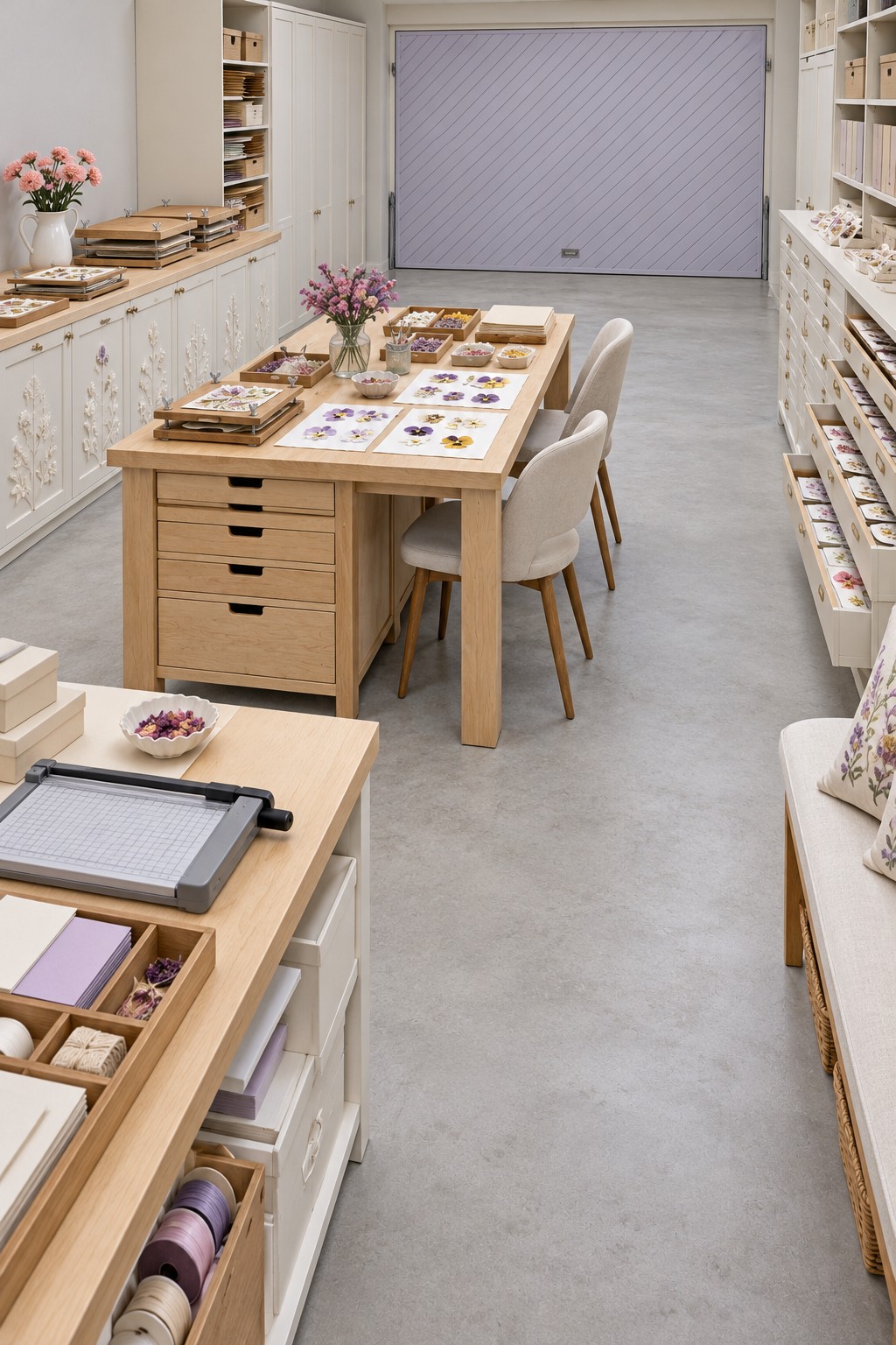 Lilac garage paper craft room with pressed flower cards, timber worktable, shallow paper drawers, ribbon storage, and paper trimmer
