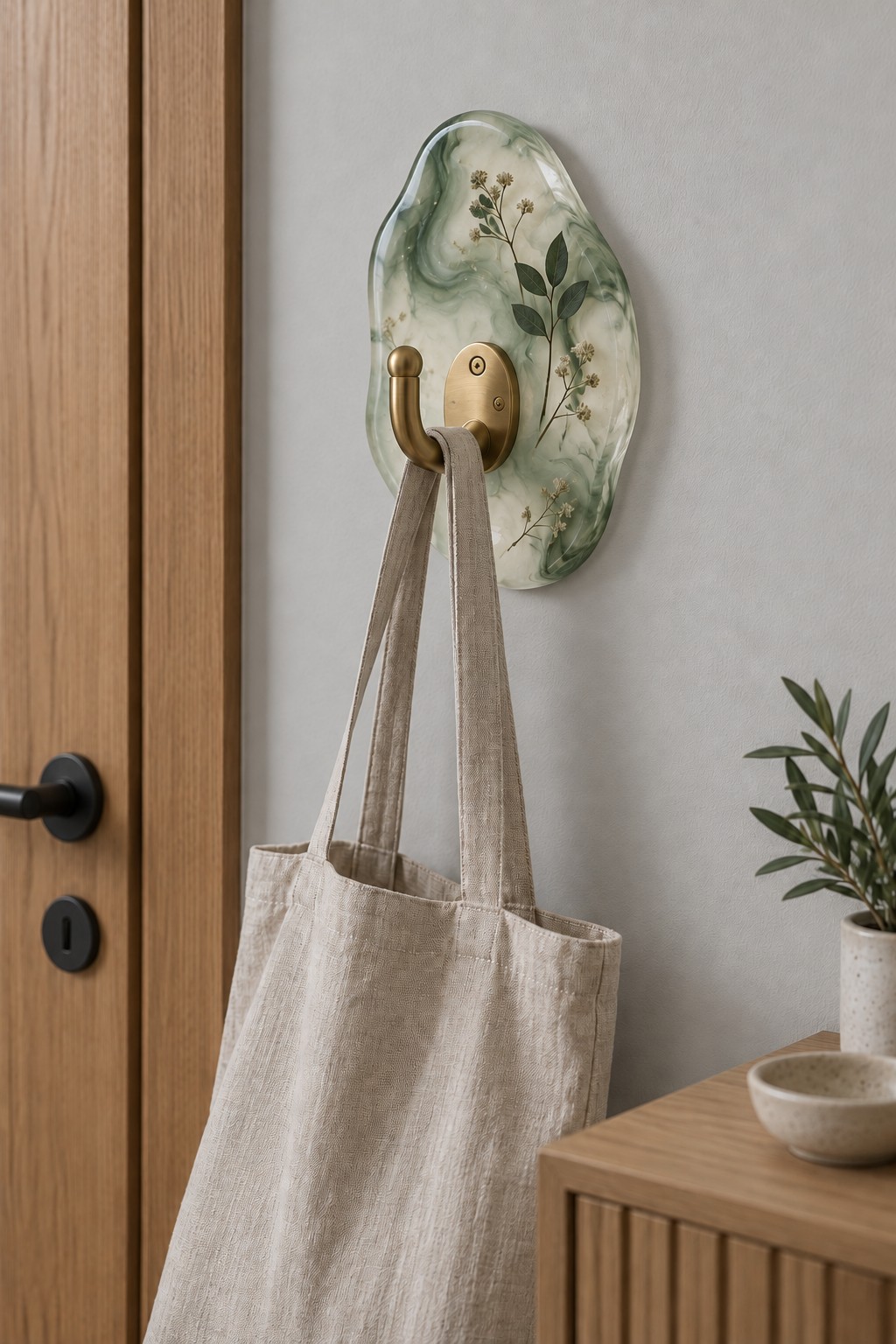 An irregular pale green resin wall plaque with pressed leaves and flowers behind a brass hook holding a fabric tote.