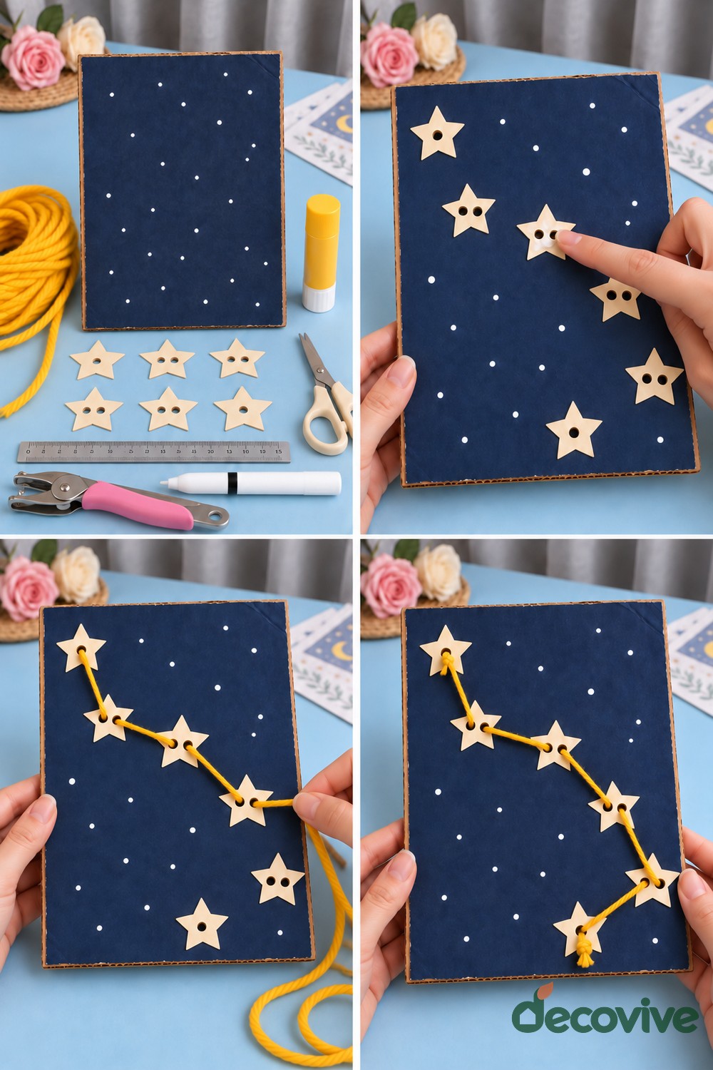 Making sequence for a yarn constellation picture with paper stars
