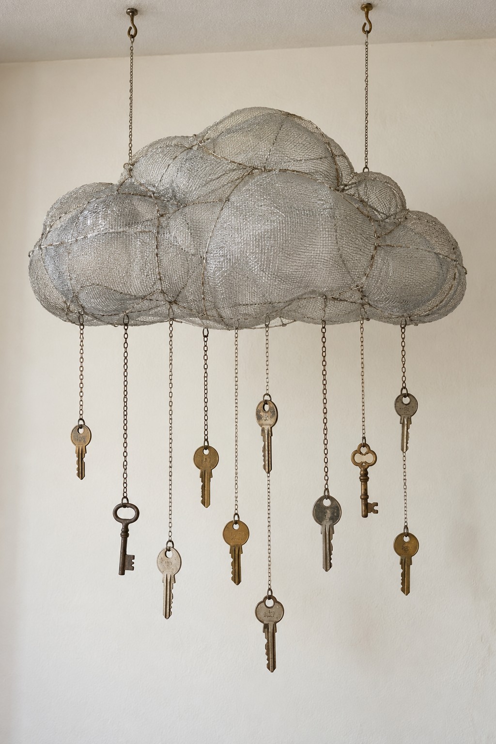 Sculptural wire mesh cloud suspended by two chains with old keys hanging below at different lengths